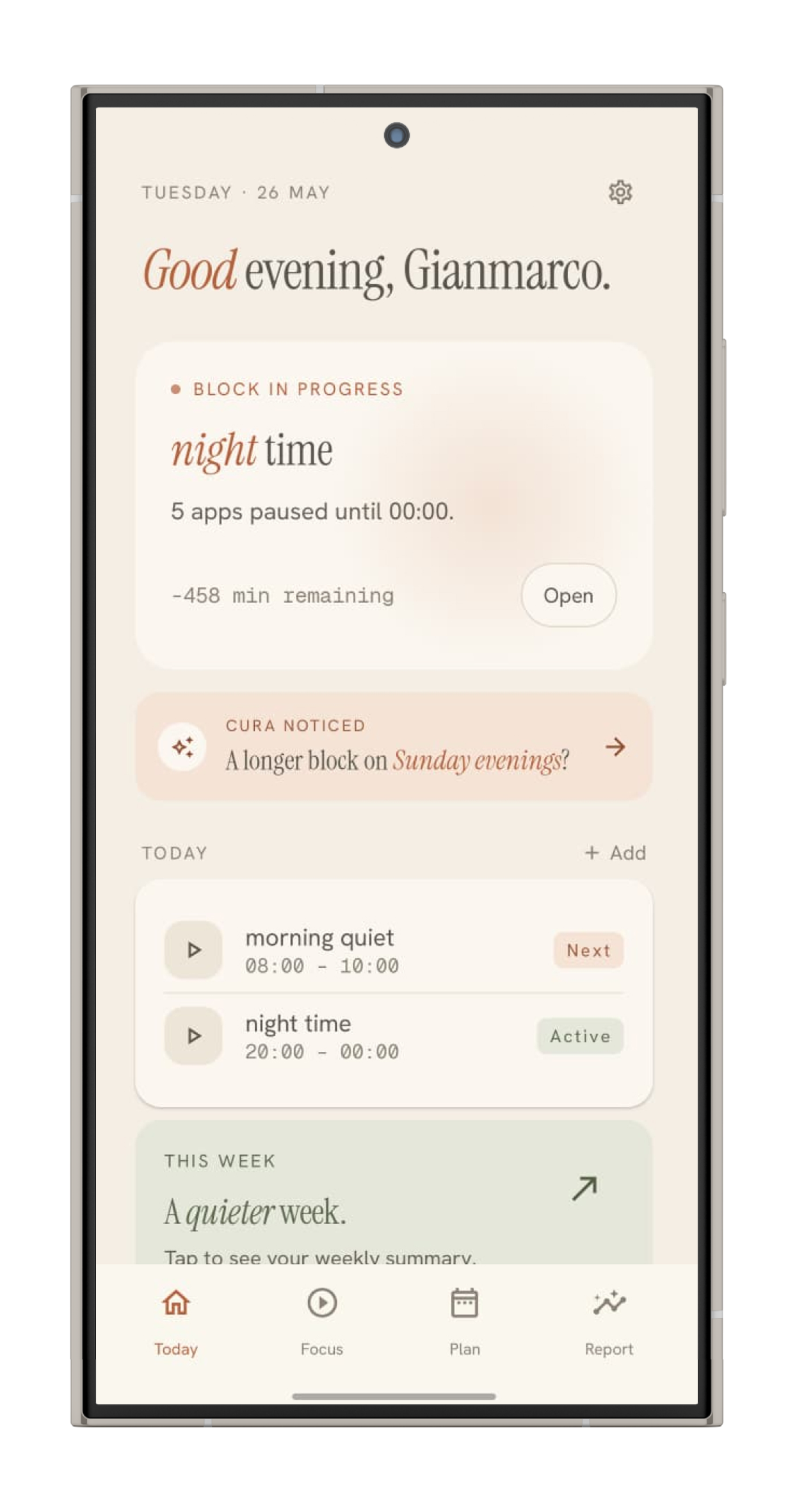 Cura app — choose which apps to block