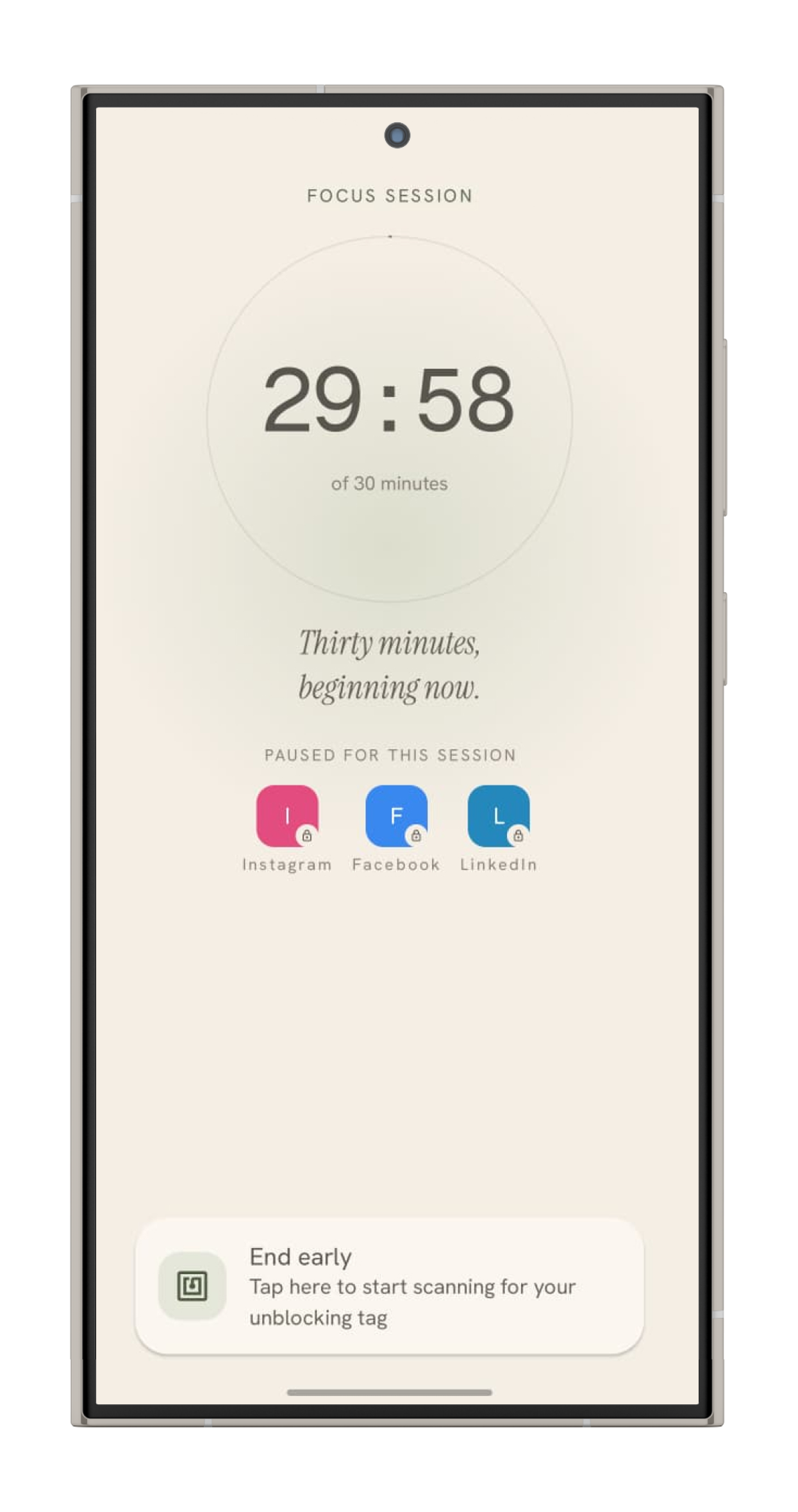 Cura app — focus session active with timer